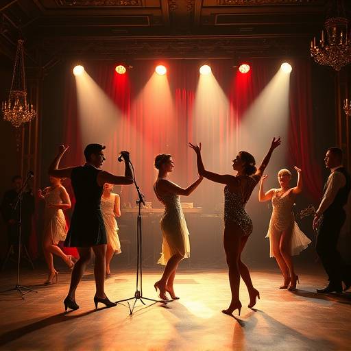 Aufführungsbild von 'Kabarett', das eine Szene mit einem Conférencier und Tänzern in glitzernden Kostümen in einem Berliner Cabaret der 1930er Jahre zeigt.