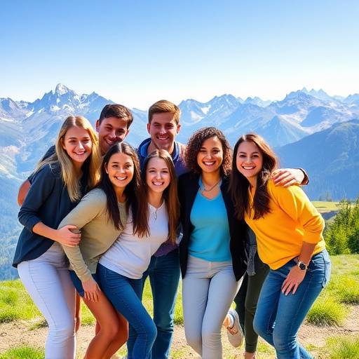 Das Team der Schauspielakademie Zürich bei einem gemeinsamen Ausflug in die Berge. Die Mitarbeiter lachen und posieren vor einer atemberaubenden Bergkulisse.
